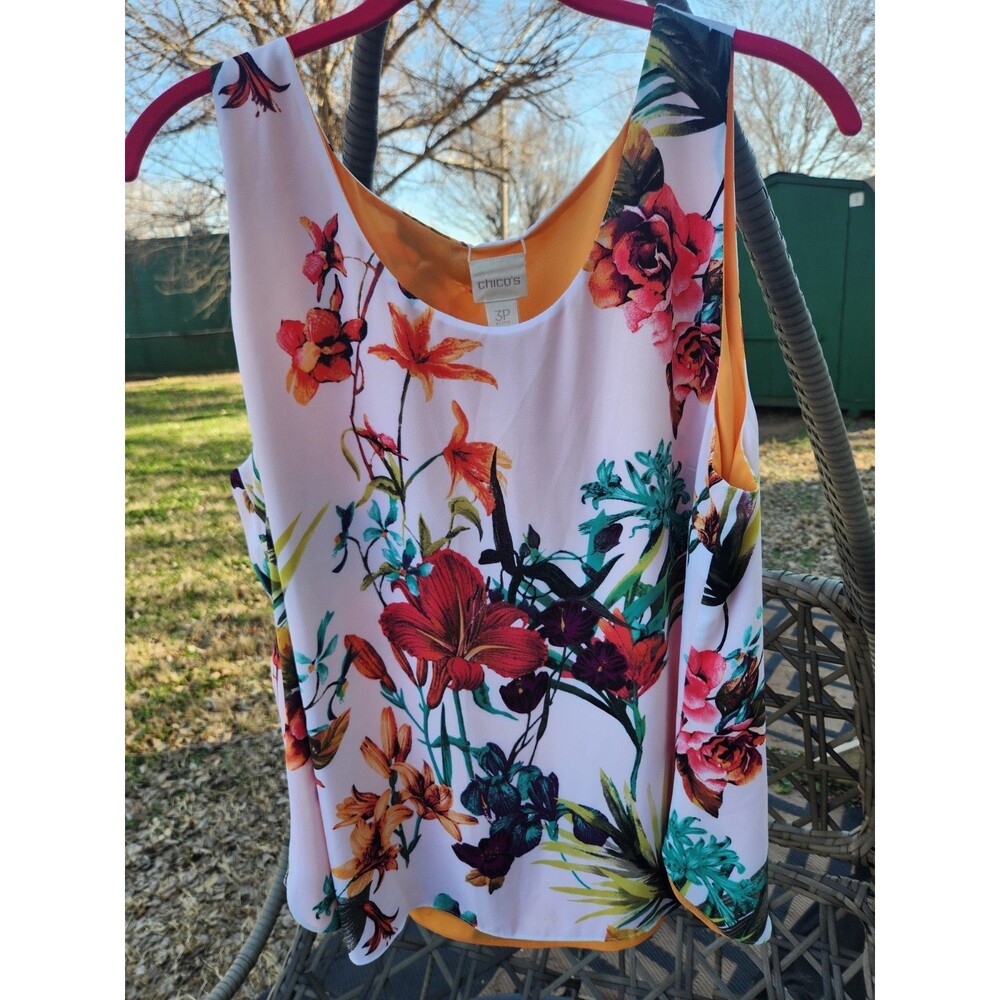 Chicos Blouse Womens Size 3P Floral White Orange Spring Colors Reversible Tank